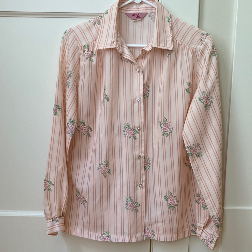 Vintage Jack Winter Knitsport Blouse Polyester Pink Stripes Flowers Women's 16
